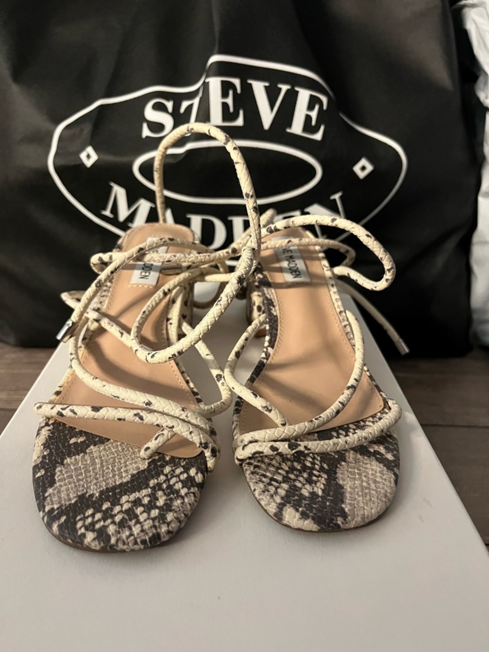 Steve Madden Beige and Brown Snake-Print Lace-Up Heels